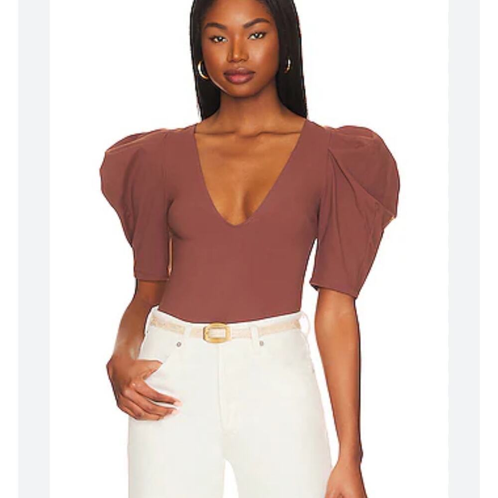 Free People Va Va Voop Bodysuit in Java Brown Short Puff Sleeve Deep V Neck Sz S